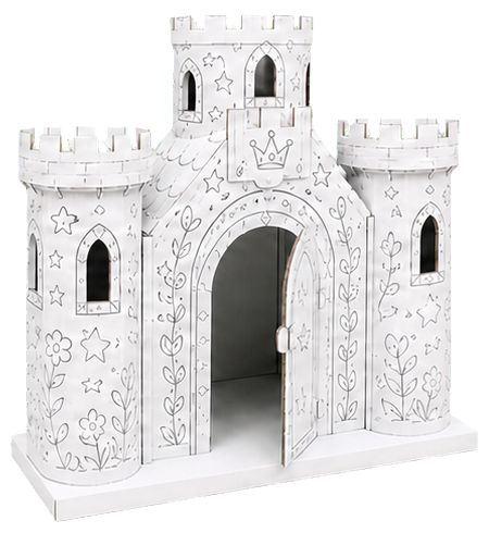 The white cardboard castle kit, printed with line art and not yet coloured